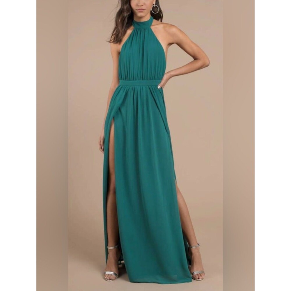NWT Tobi Teal Pleated Halter Backless Maxi Gown w. Double Front Slit Size S